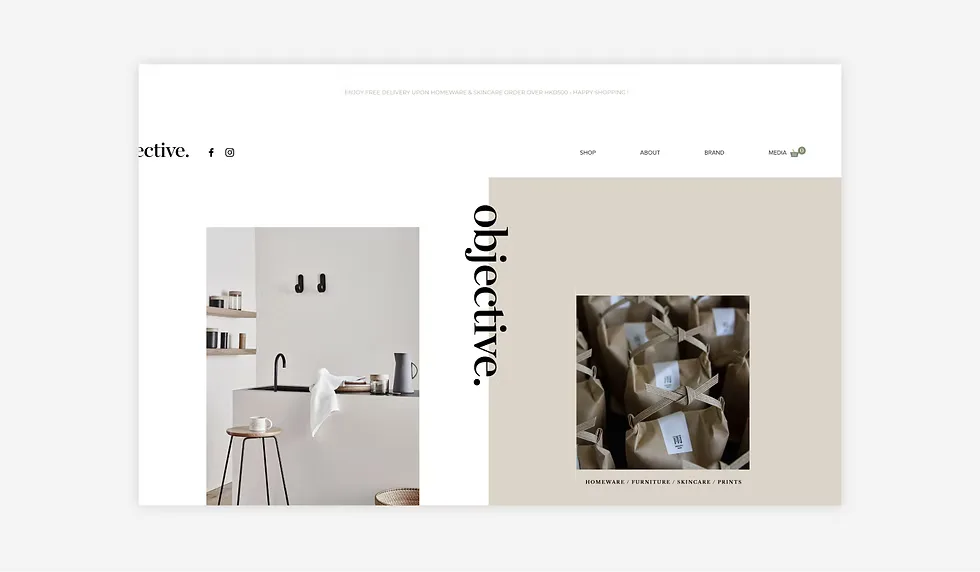 Page d'accueil d'un site Squarespace pour boutique artisanale avec navigation minimaliste et photos produits