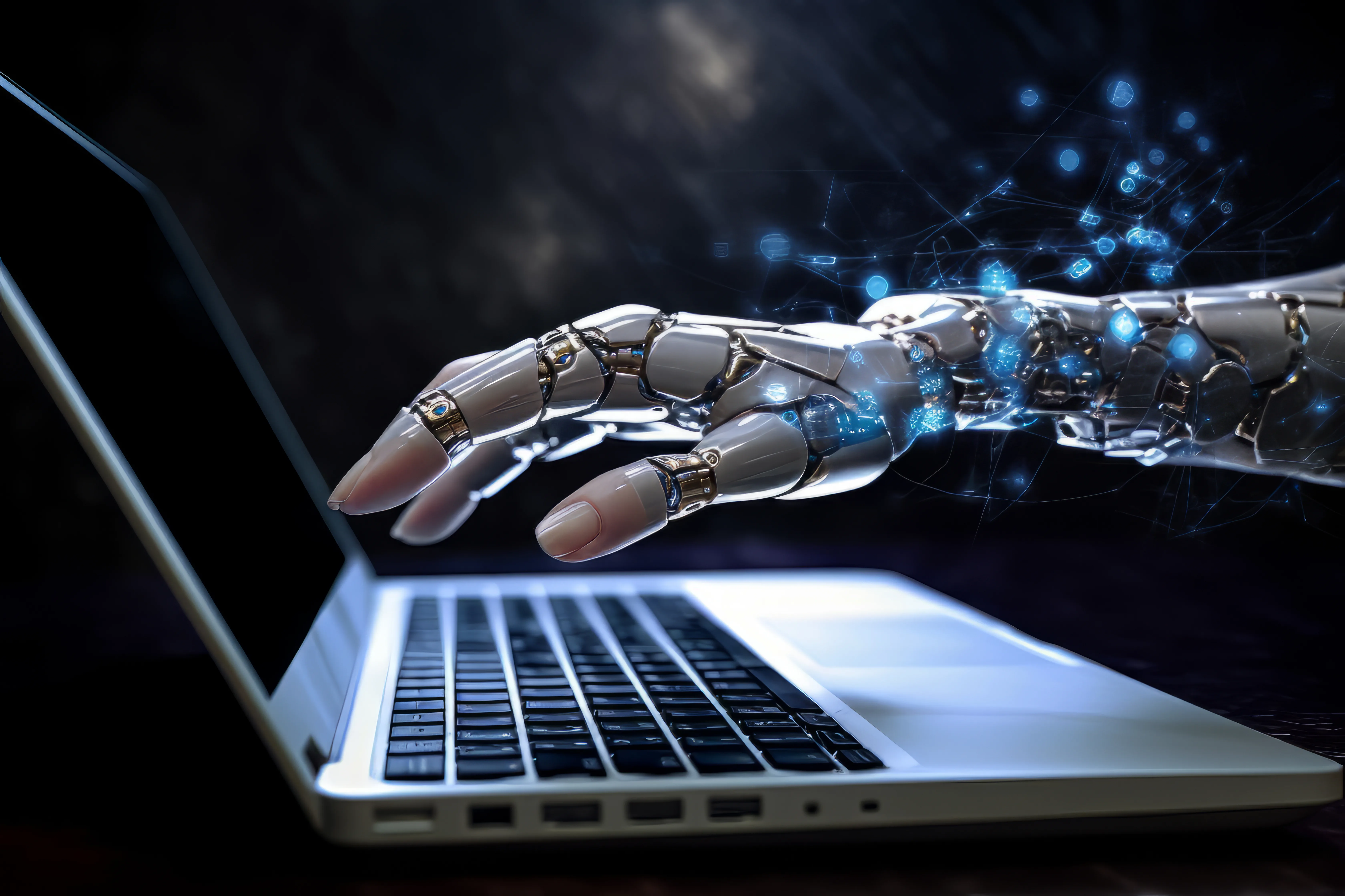 Main robotique tapant sur le clavier d'un ordinateur portable, IA intégrée aux outils logiciels existants