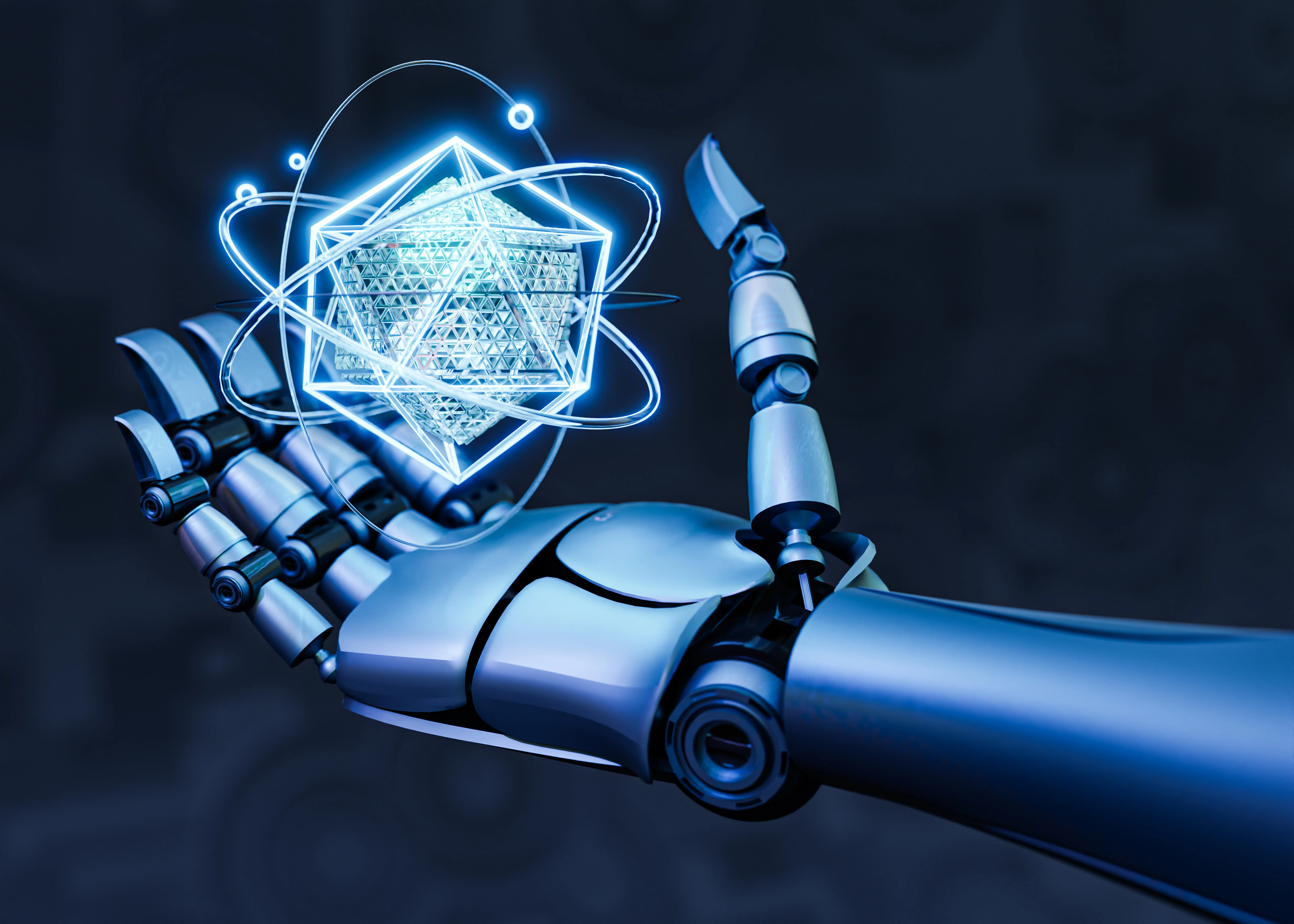 Main robotique tenant un objet géométrique lumineux, illustration d'une IA qui orchestre un workflow d'entreprise