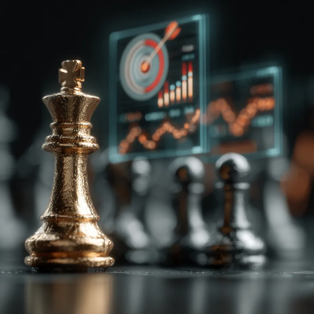 Roi doré sur un échiquier devant des écrans holographiques de graphiques et cibles de performance